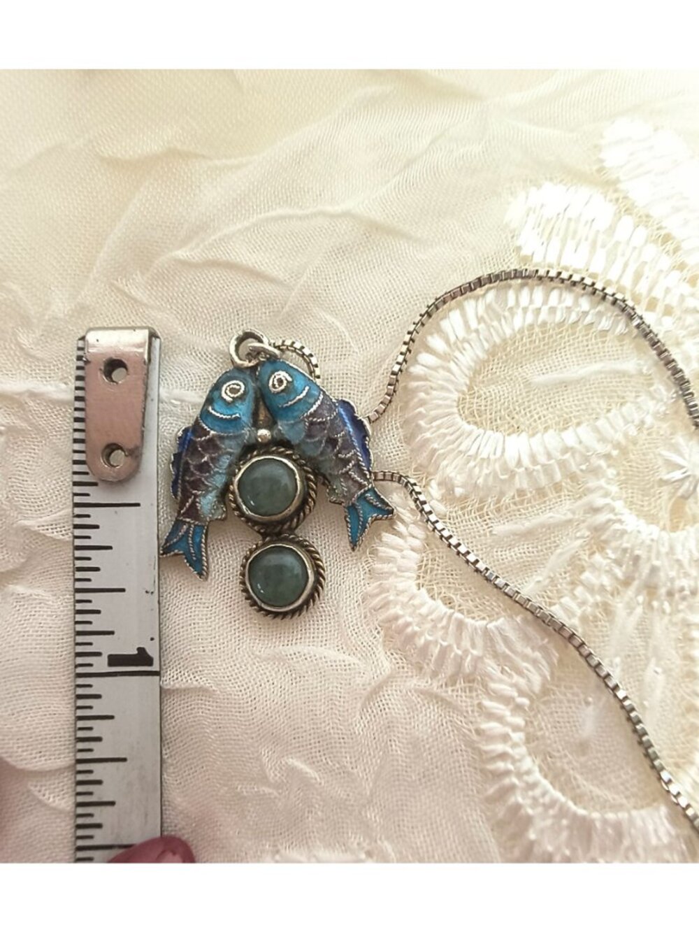 Sterling Silver Kissing Koi Pendant with Blue Cloisonné Enamel & 925 Box Chain - Picture 6 of 8
